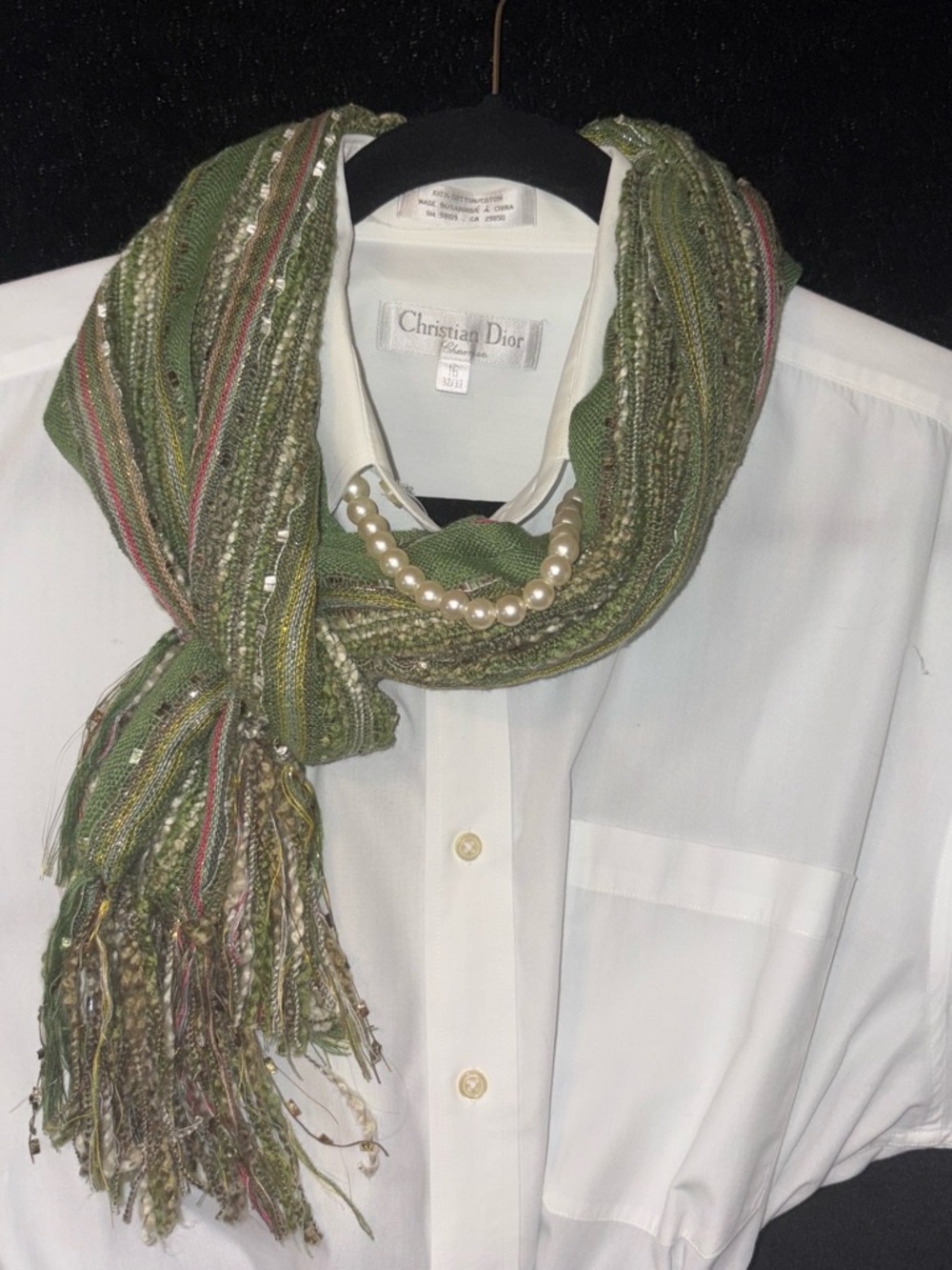 Striped Metallic Knit Fringe Scarf OS Olive Green Boho Fairycore Cottage EUC